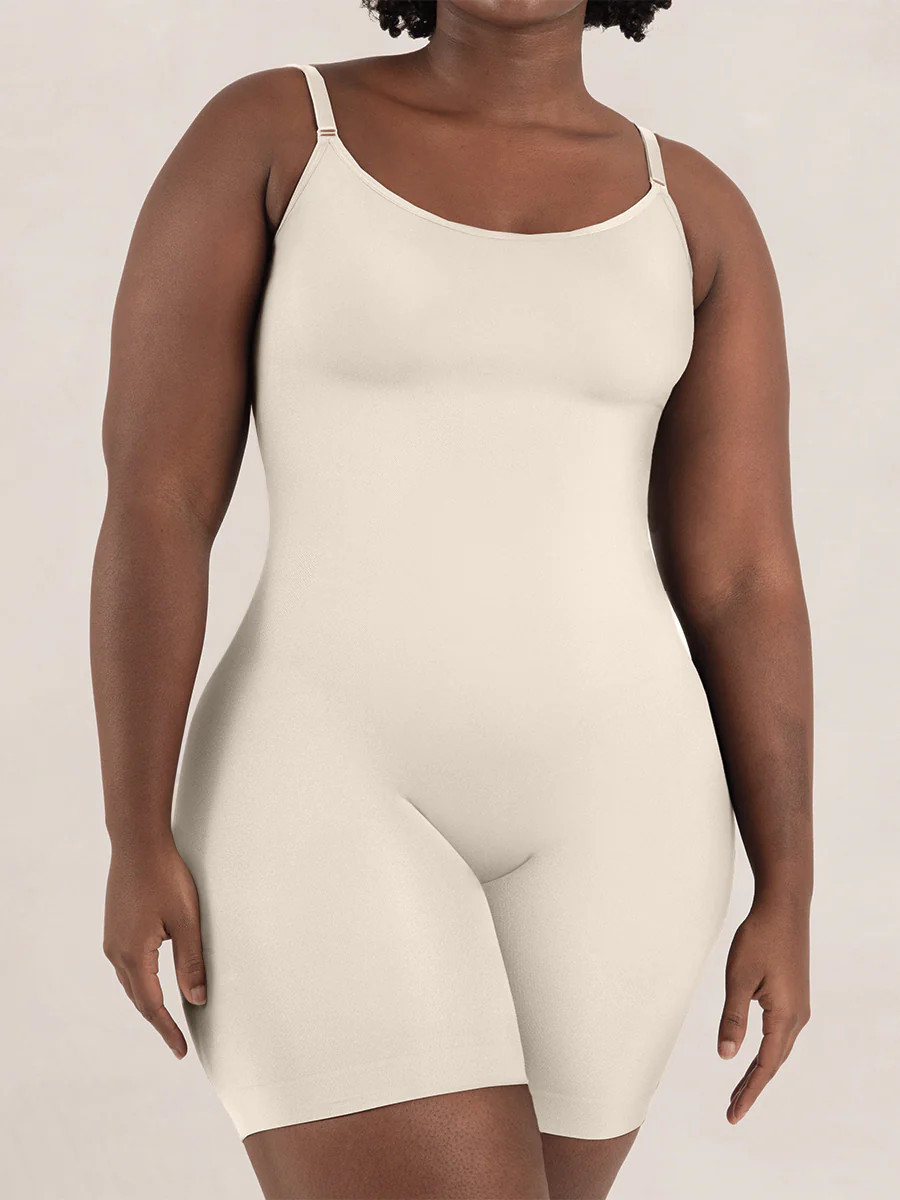 Shapermint Essentials All Day Every Day Scoop Neck Mid-Thigh Bodysuit Shapewear Chai M | Shapermint