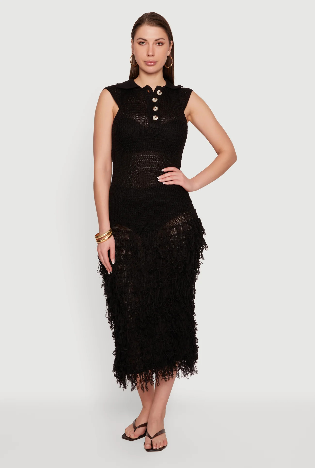 Crochet Button Front Collared Fringe Hem Dress | Rainbow Shops