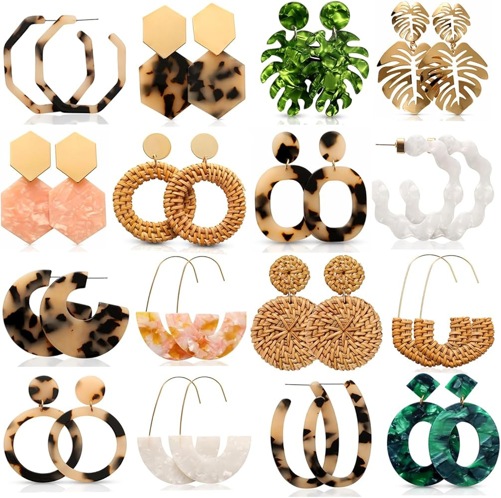 16 Pairs Trendy Statement Acrylic Rattan Earrings for Women-Fashion Summer Beach Vacation Boho Je... | Amazon (US)