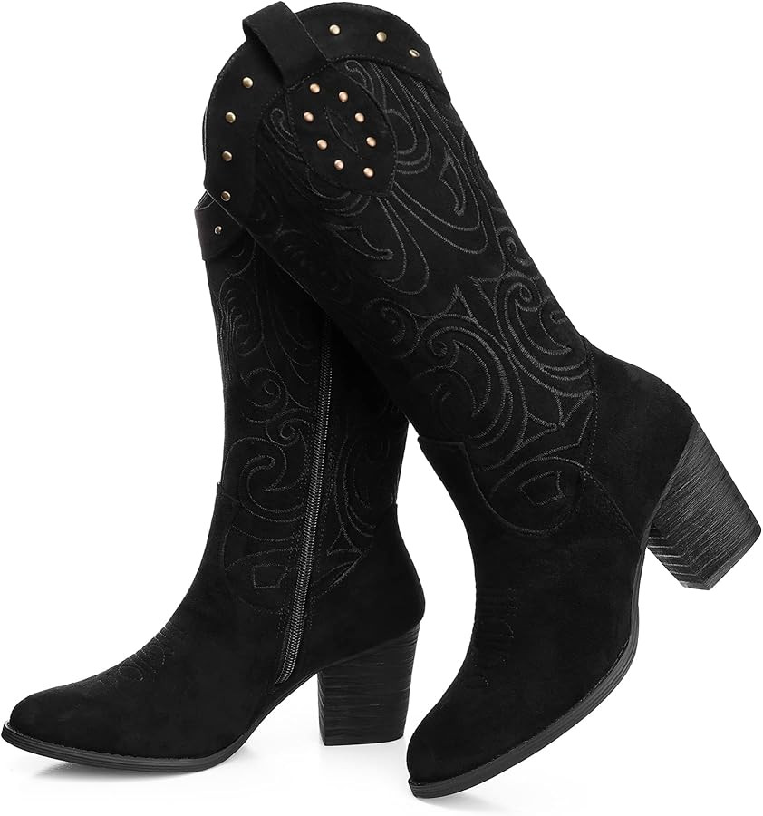 SHIBEVER Cowboy Cowgirl Boots for Women: Wide Calf Western Pointed Toe Chunky Heel Suede Embroide... | Amazon (US)