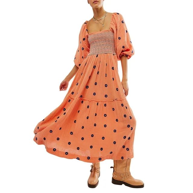 Niusricy Women Bohemian Floral Dress Casual Puff Long Sleeve Boho Flowy Ruffle Spring Midi Dress ... | Walmart (US)