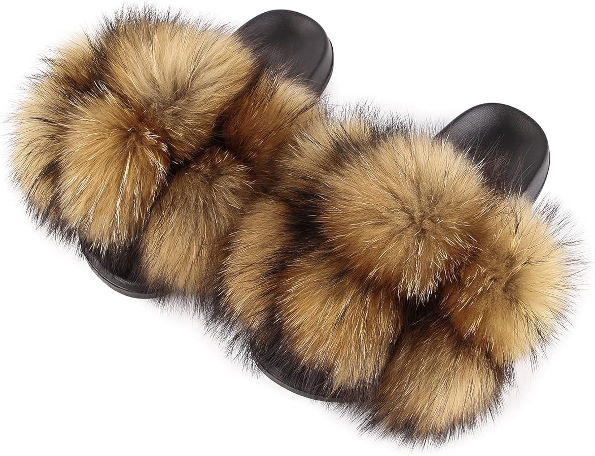 Women's Real Fox Furry Fur Slides, Open-Toe Cute Fur Sandals, Indoor and Outdoor Non-Slip Fur Sli... | Amazon (US)