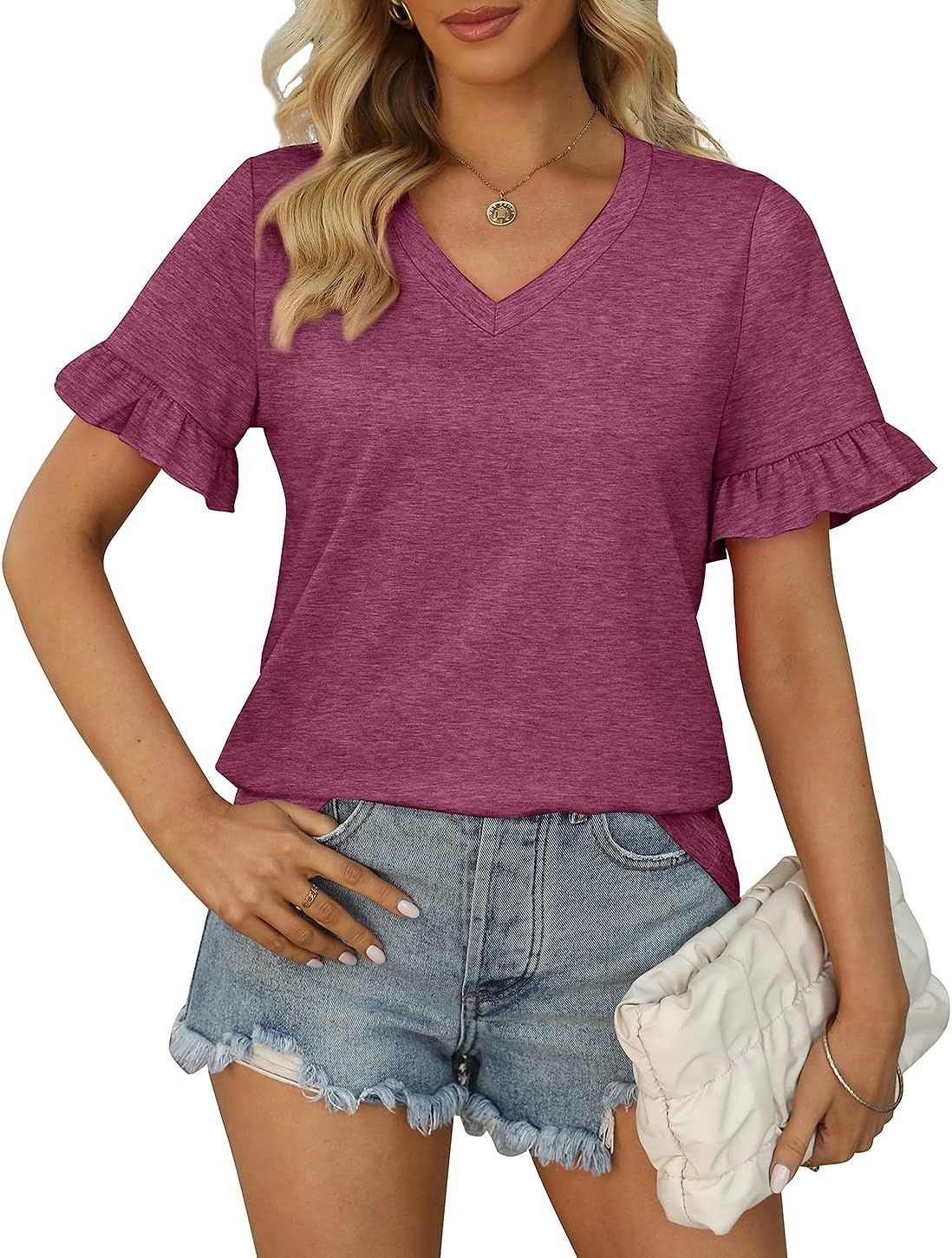 OFEEFAN Womens V Neck T Shirts Casual Summer Ruffle Loose Fit Short Sleeve Blouse Tops | Amazon (US)