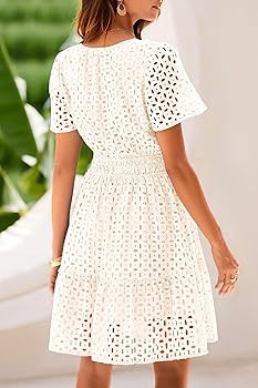 PRETTYGARDEN Womens 2026 Summer Short Dress V Neck Short Sleeve A Line Hollow Out Lace Cute Casua... | Amazon (US)