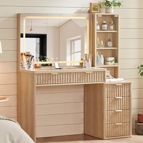 LEYAOYAO Vanity Desk with Mirror and Lights, 43.5'' Fluted Makeup Vanity with 6 Drawers and Adjustable Shelves, Natural Wood Make Up Vanity Dressing Table with Glass Top and Power Outlet for Bedroom | Amazon (US)