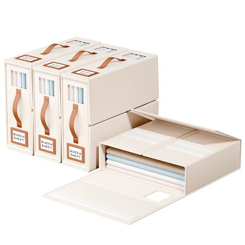 Goffing Foldable Bed Sheet Organizer for Easy Storage and Organization, 4-Pack Sheet Organizers and Storage Box for Bedsheets, Towels, Pillows, Blankets, Duvets (Beige) | Amazon (US)