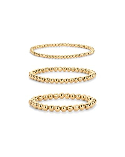 PAVOI 14K Yellow Gold Plated Mixed Size Beaded Chunky Stretch Bracelet Set of 3 - Trendy Beaded Bracelets for Women - 6.5 Inches | Amazon (US)