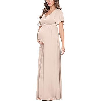 Peauty Maternity Maxi Dress Summer with Decorative Button (S-3XL)/Short Flutter Sleeve Flowy Dres... | Amazon (US)
