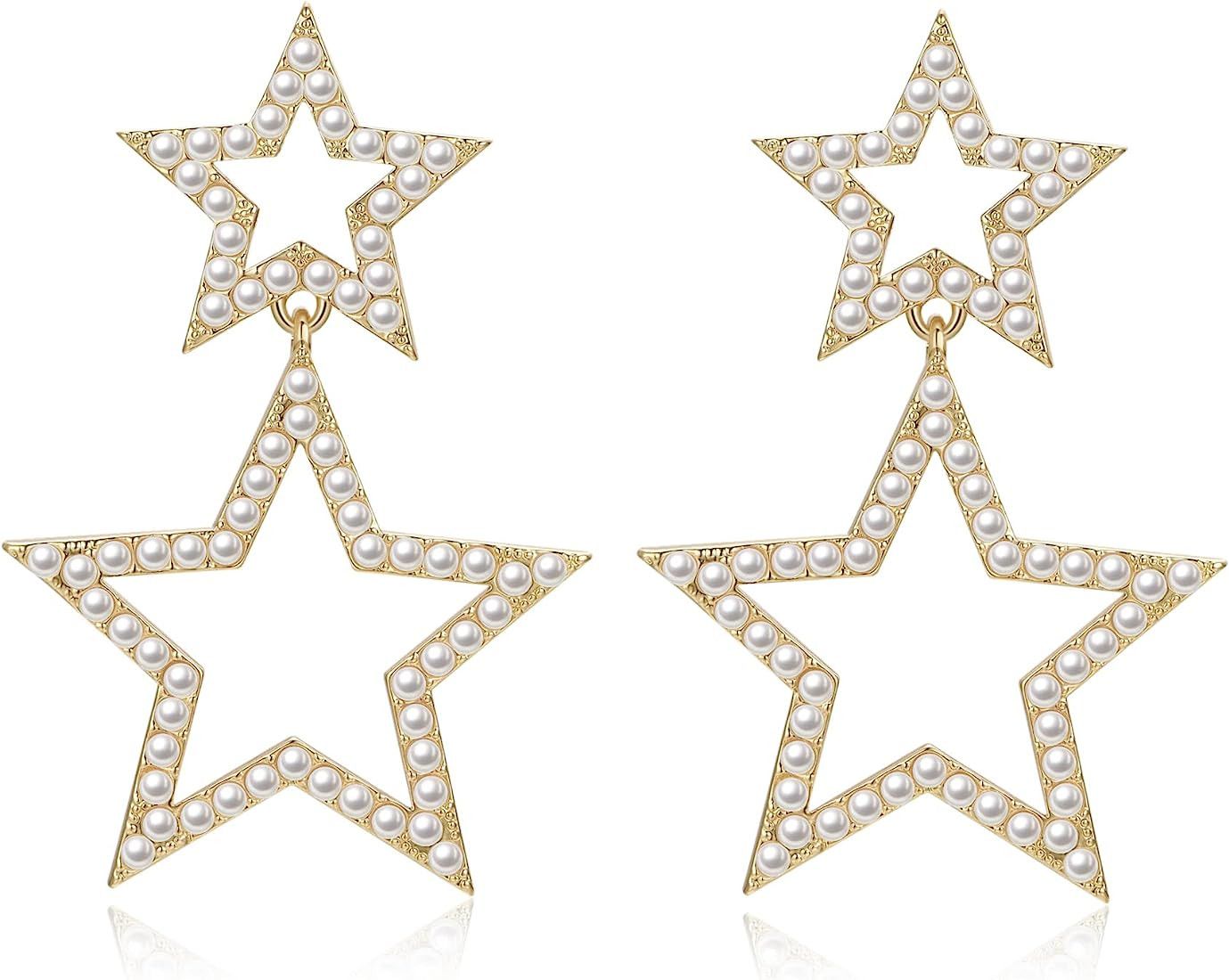 Star Earrings for Women, Pearl Big Star Dangle Drop Earrings Party Jewelry Dainty Gifts | Amazon (US)