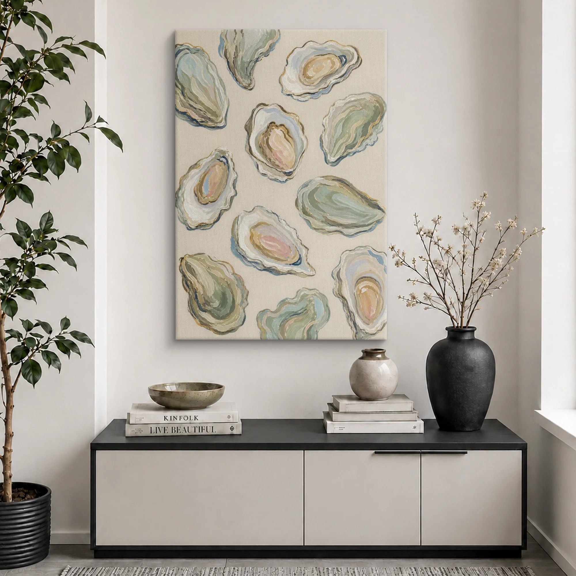 Neutral Coastal Oyster Shell Pattern Artwork, Kitchen Pictures, Framed Canvas Giclee Print Wall Art | Wayfair North America