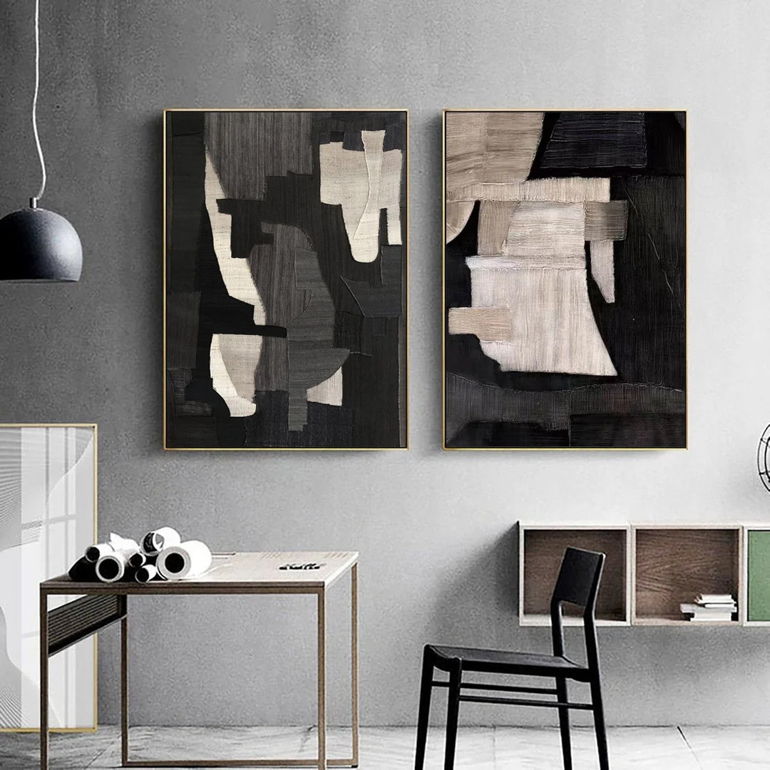 Large Set of 2 Milimalist Abstract Painting,Black Gray Minimalist Painting On Canvas,Textured Pai... | Etsy (US)