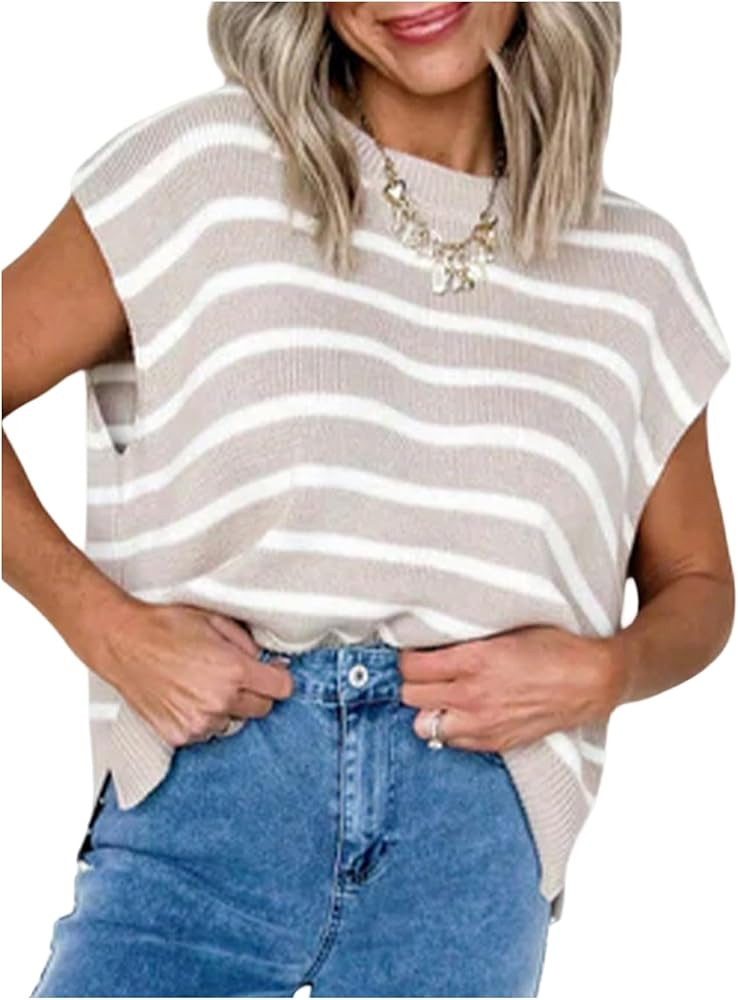 Verdusa Short Sleeve Sweater for Women Casual Striped Fall Sweaters Crew Neck Knit Tops | Amazon (US)