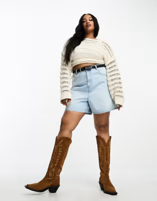 ASOS DESIGN Curve denim dad shorts in midwash blue | ASOS (Global)