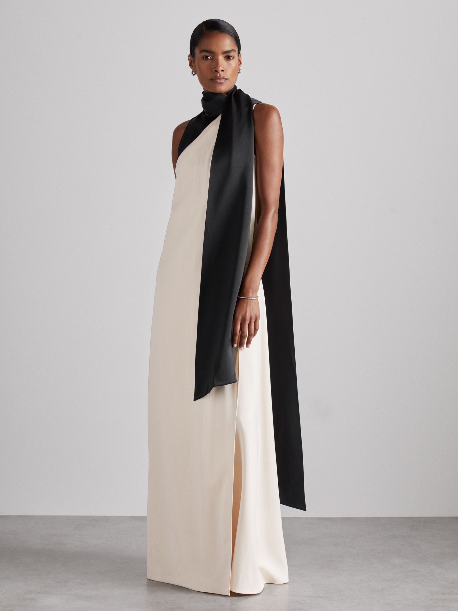 Atelier Sash-Neck Satin Occasion Dress in Black/Ivory | Reiss UK