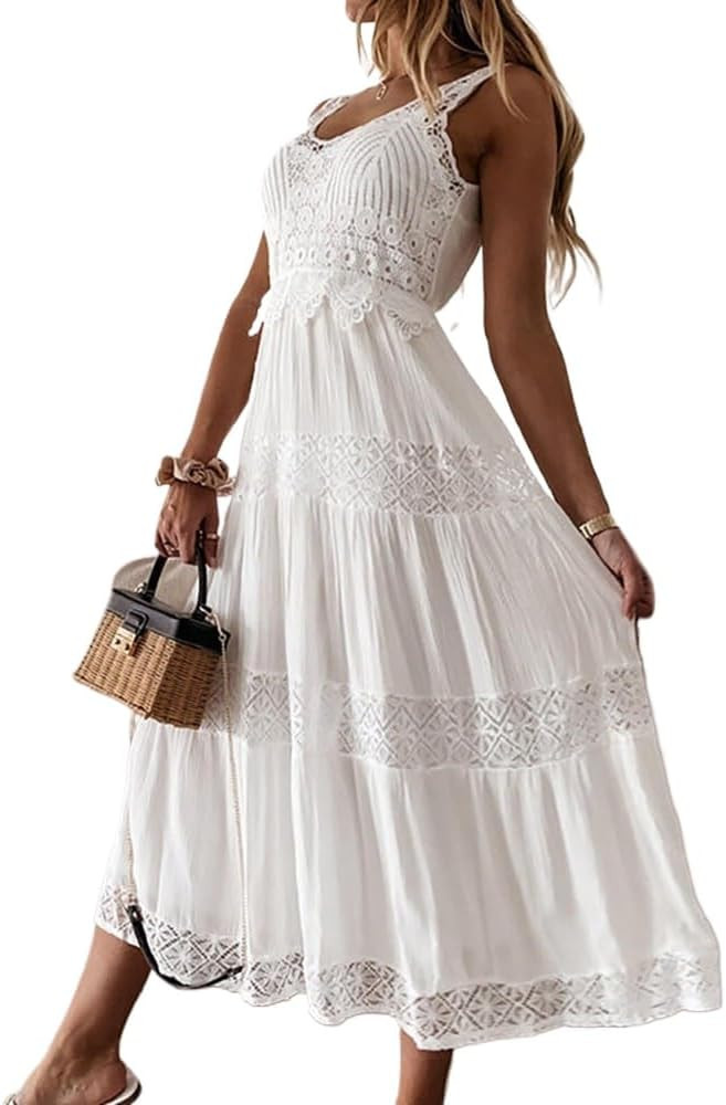 Women's 2024 Summer V Neck Sleeveless Smocked Dress Lace Flowy Midi Dresses Elegant Cocktail Part... | Amazon (US)