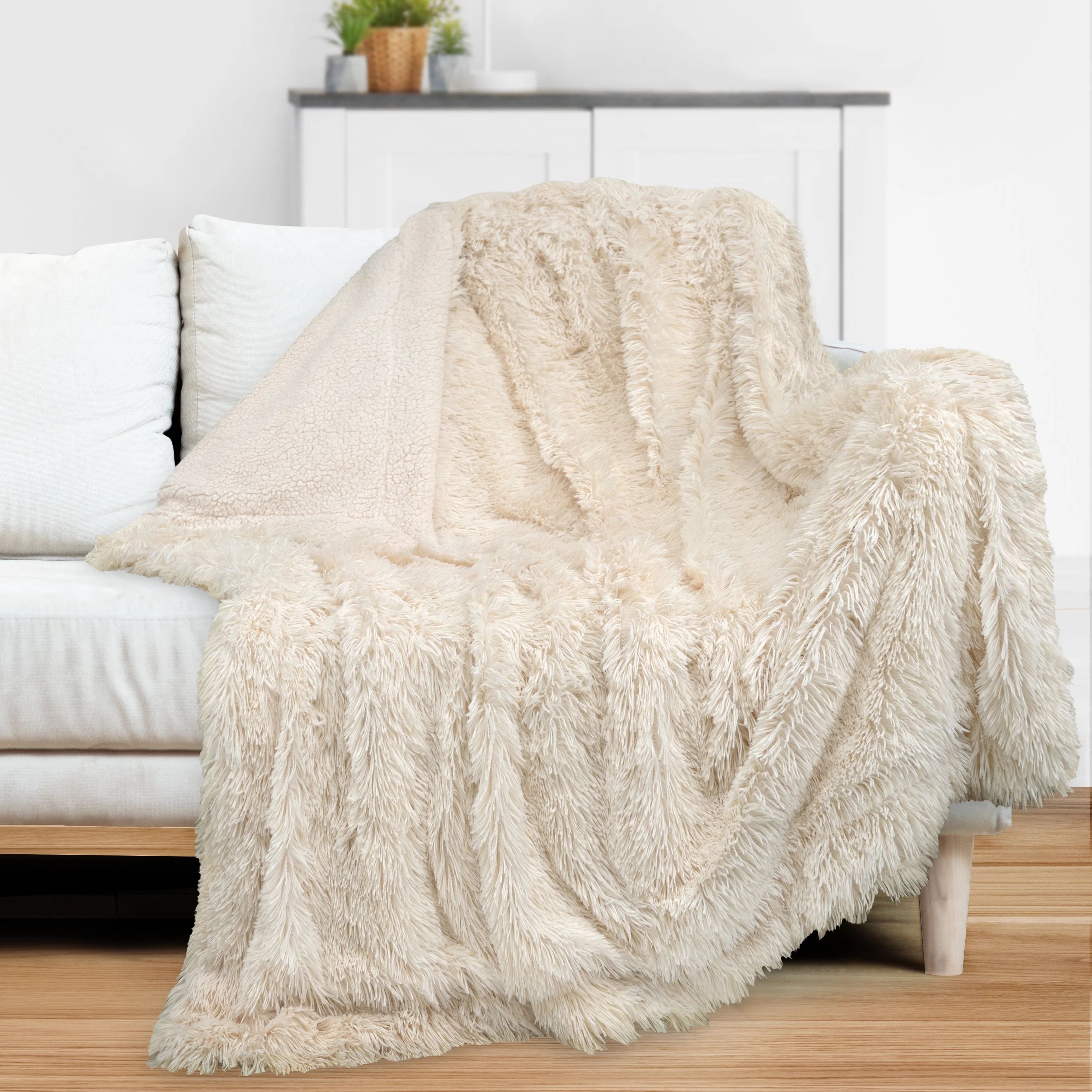 PAVILIA Soft Fluffy Faux Fur Throw Blanket, Cream Beige Ivory, Shaggy Furry Warm Sherpa Blanket F... | Walmart (US)