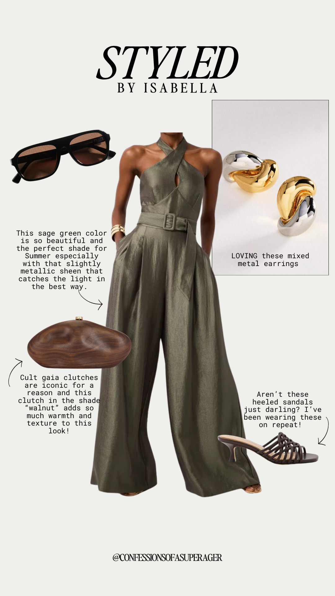 Elevated summer style with a modern twist 💚 This sage green halter jumpsuit is the ultimate statement piece, paired with mixed metal earrings, a sculptural Cult Gaia clutch, chic heeled sandals, and oversized sunglasses for an effortlessly polished look. Perfect for summer weddings, vacation dinners, date nights, and special occasions. Tap to shop this luxe look and save it for your next event! ✨ 

 #SummerStyle #SageGreen #JumpsuitStyle #WeddingGuestDress #VacationStyle #ResortWear #DateNightOutfit #EffortlessChic #LuxuryStyle #CultGaia #MixedMetalJewelry #DesignerInspired #SummerFashion #NeutralStyle #FashionOver40 #FashionOver50 #AgelessStyle #LTKStyle #LTKFashion #LTKFinds #ConfessionsOfASuperAger #LTKootd #LTKOver40 #LTKSaleAlert