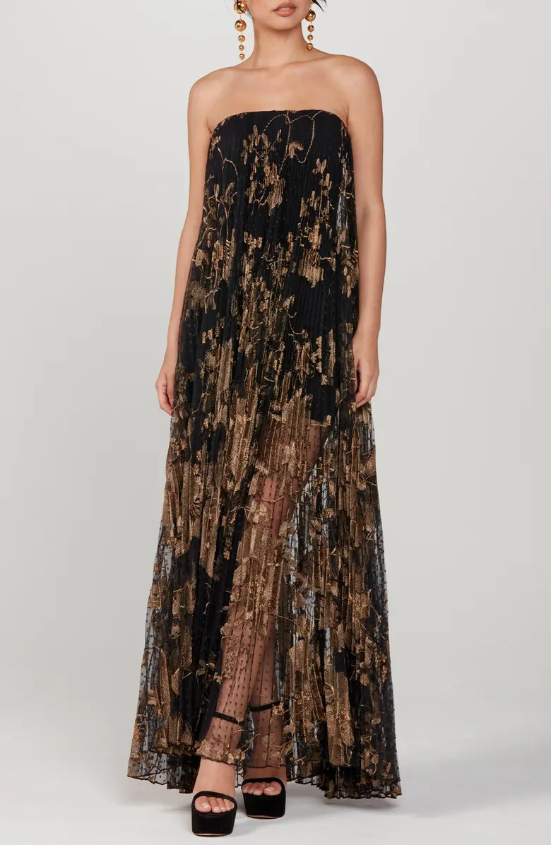 Delphanie Metallic Floral Strapless Pleated Gown | Nordstrom