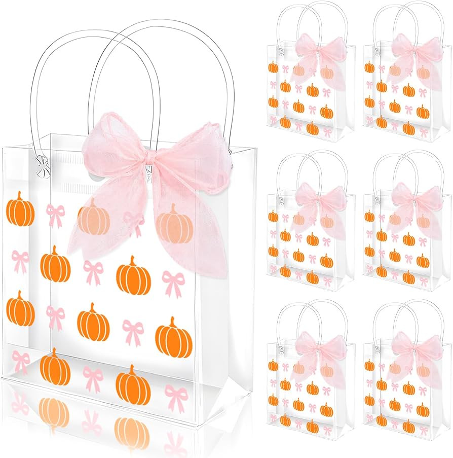FYSUIMU 12 Pcs Fall Pumpkin Clear PVC Gift Bags with Handles Ribbon, Orange Pumpkin Pink Bow Cand... | Amazon (US)
