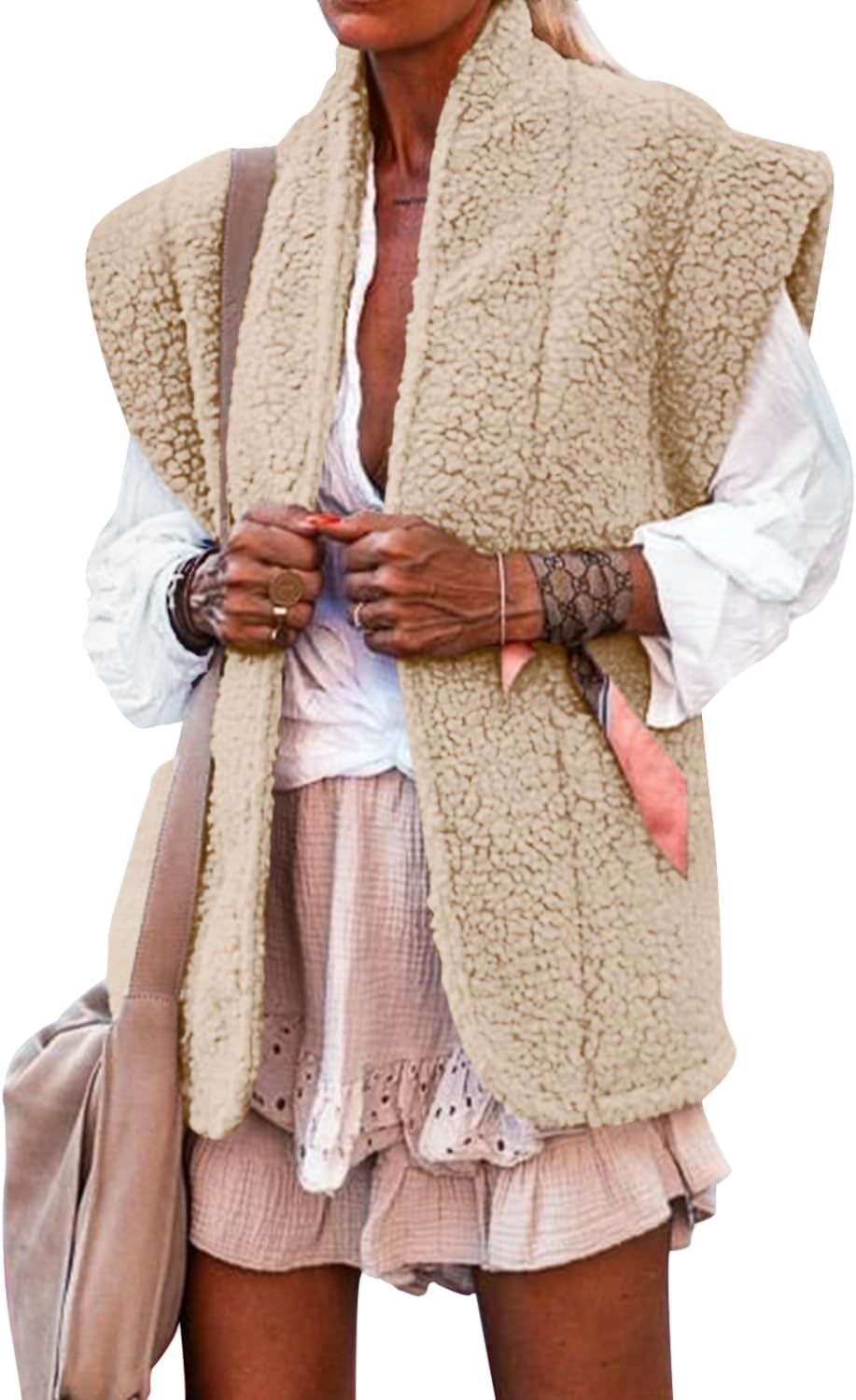 Ladmous Womens Winter Fuzzy Fleece Vest Jacket Sleeveless Vest Coat Open Front Sherpa Cardigan Ve... | Amazon (US)