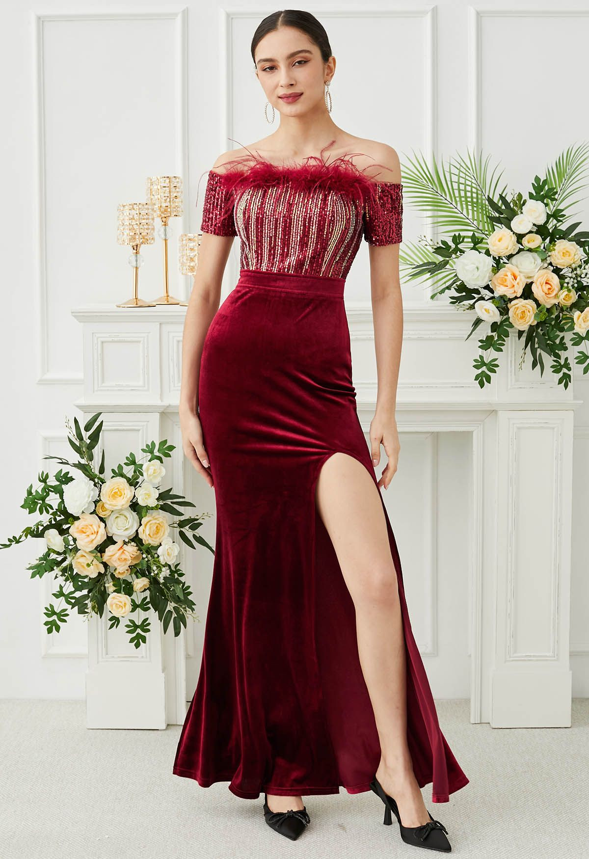 Off-Shoulder Feather Sequin High Slit Gown in Red | Chicwish