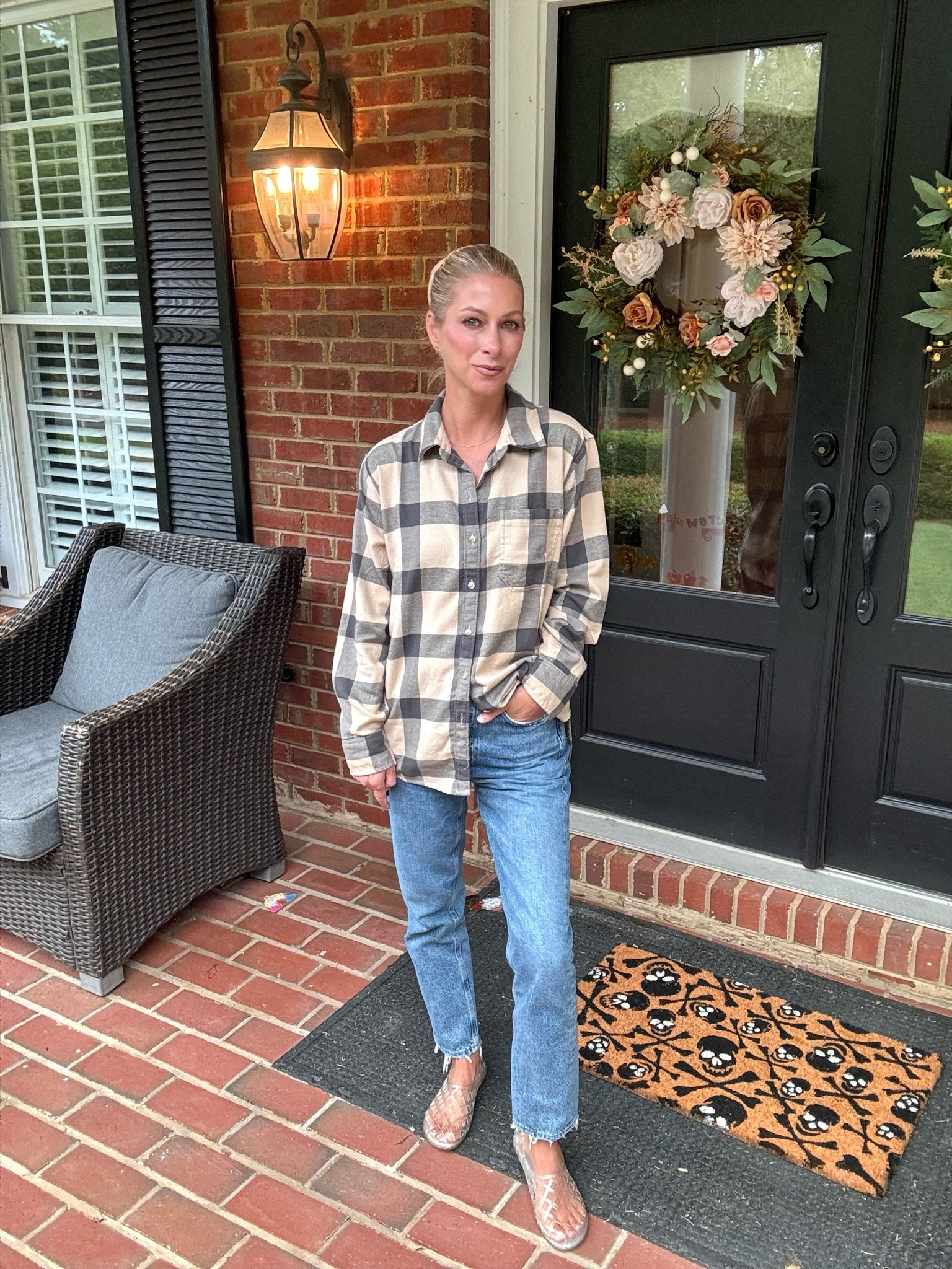 Fall means time to bring out the flannels. 
Jelly shoes , new fall jellies , fall shoes , fall flannel , jeans , denim , AE , Halloween door mat , fall sale , fall outfit , 

#LTKOver40 #LTKSaleAlert #LTKFallSale