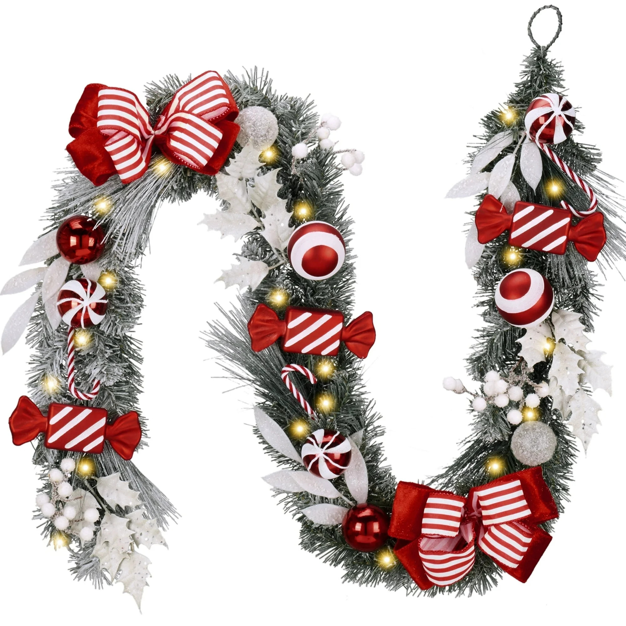 Valery Madelyn 6 ft Pre-Lit Christmas Garland Red White Lighted Garland with Striped Bow & Red Ca... | Walmart (US)