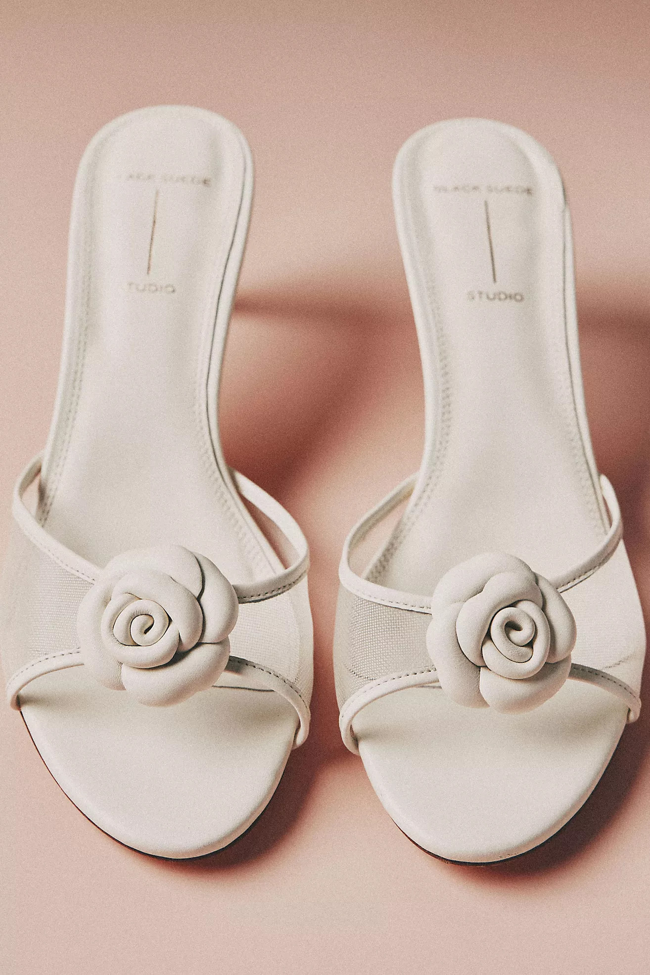 Black Suede Studio Fleur Mesh Rosette Mule Heels | Anthropologie (US)