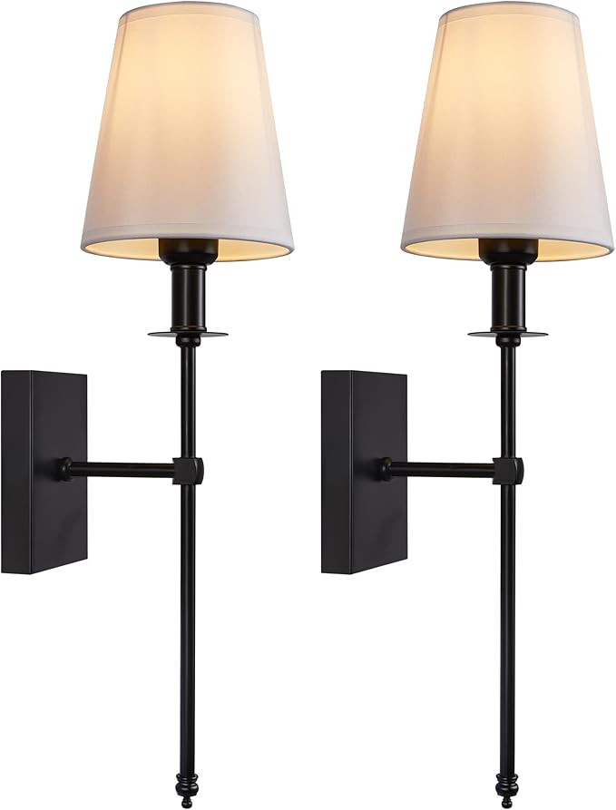 Terleenart Modern Black Wall Sconce Set of 2 with White Fabric Shade and Long Slim Arm,Wall Light... | Amazon (US)