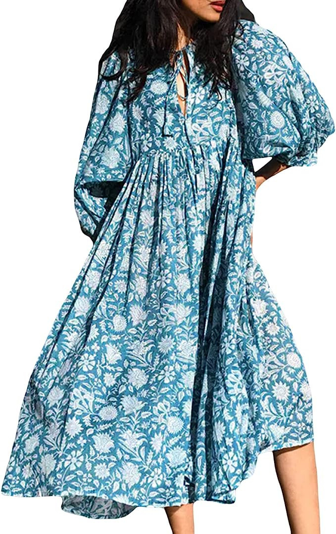 Women's Maxi Boho Dress Summer Floral V-Neck Puff Short Sleeve Flowy Midi Long Dress Bohemian Sun... | Amazon (US)