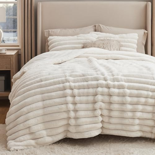 Bedsure Faux Fur Queen Comforter Set - Coconut White Fluffy Comforter Queen Size, Soft and Cozy Shaggy Bedding Comforter Sets, Winter Warm Luxury Fuzzy Bed Set, 1 Comforter and 2 Pillowcases | Amazon (US)