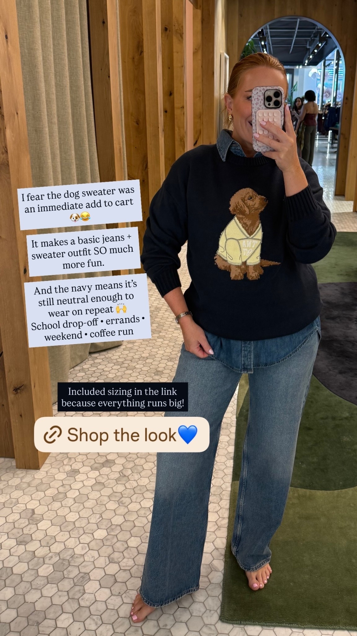@aritzia  I fear the dog sweater was an immediate add to cart 🐶😂

It makes a basic jeans + sweater outfit SO much more fun.

And the navy means it’s still neutral enough to wear on repeat 🙌
School drop-off • errands • weekend • coffee run Included sizing in the link because everything runs big!