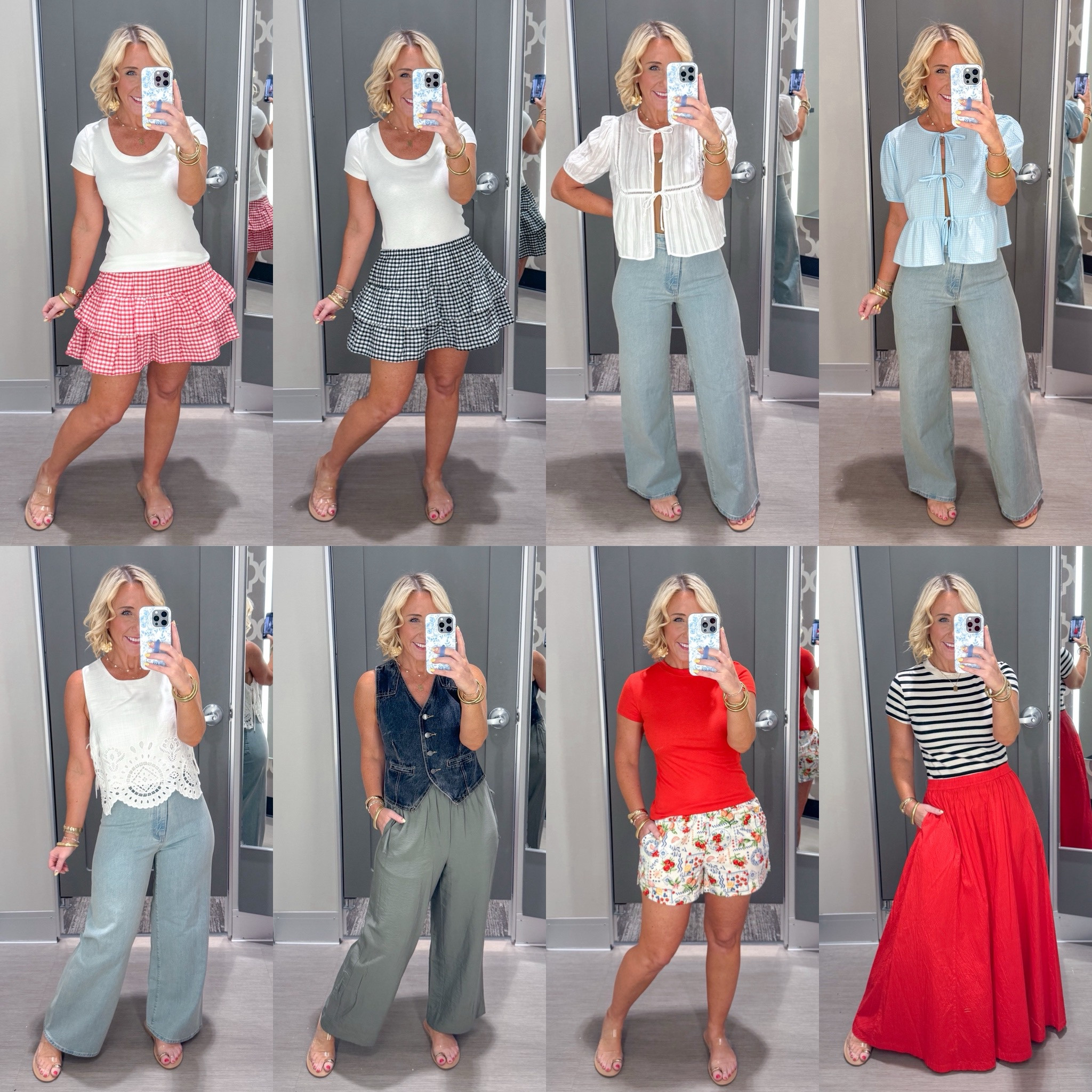 • dress (from beginning) - size small.
1. White scoop neck t-shirt - size small. 
2. Red gingham skort - size small (needed a medium) 
3. Black gingham skort - size large (needed a medium).
4. White tie front top - size medium. 
5. Sailor jeans - size 4.
6. Blue tie front top - size medium. 
7. Eyelet side tie tank - size small. 
8. Denim vest (black) - size small. 
9. Straight leg side-tie pull-on pants - size small. 
10. Red t-shirt - size small. 
11. Printed shorts - size medium. 
12. Striped t-shirt - size small. 
13. Red maxi skirt - size small  

#LTKSaleAlert #LTKSeasonal #LTKFindsUnder50