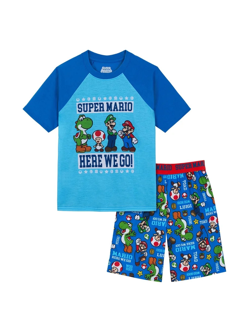 Super Mario Boys Short Sleeve Sleep Top and Shorts Pajama Set, 2-Piece, Sizes 4-12 | Walmart (US)