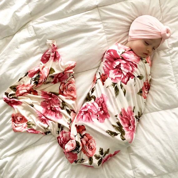 Baby swaddle set in "Brooklyn” Coral and Pink floral with matching Petal Pink Turban,  headband... | Etsy (US)