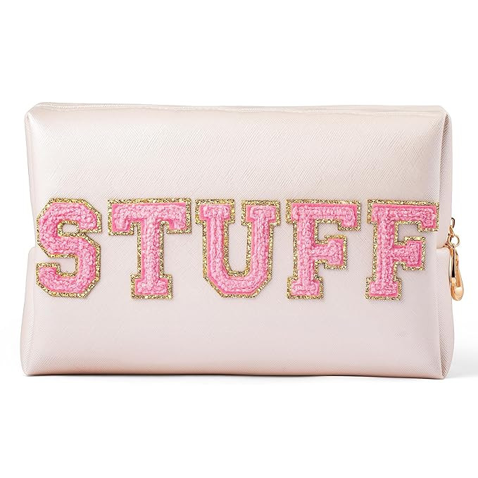 Y1tvei Preppy Patch Extra Large Stuff Varsity Letter Makeup Bag Sewn with Pink Felt Letter PU Lea... | Amazon (US)