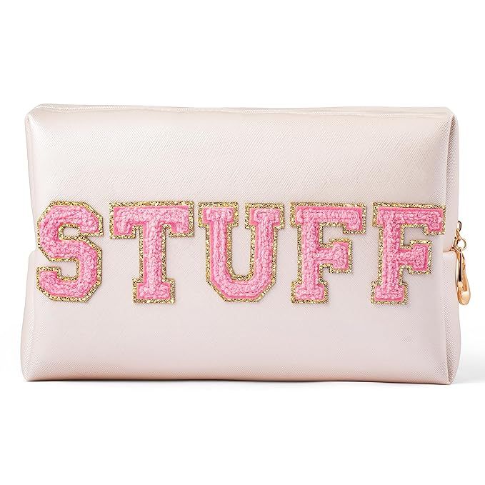 Y1tvei Preppy Patch Extra Large Stuff Varsity Letter Makeup Bag Sewn with Pink Felt Letter PU Lea... | Amazon (US)