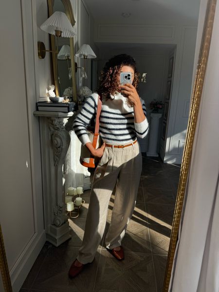 Happy Friday! It’s a cooler spring day, so I’m wearing my Sezane striped sweater in size small (chic but a little itchy, FYI!). Linen pants from Target (size down) add a relaxed vibe. My woven flats from Madewell (tts) are comfy and perfect for spring weather! Finished off my look with a belt and coordinating bag (linking similar!)

#LTKxMadewell #LTKstyletip #LTKSeasonal