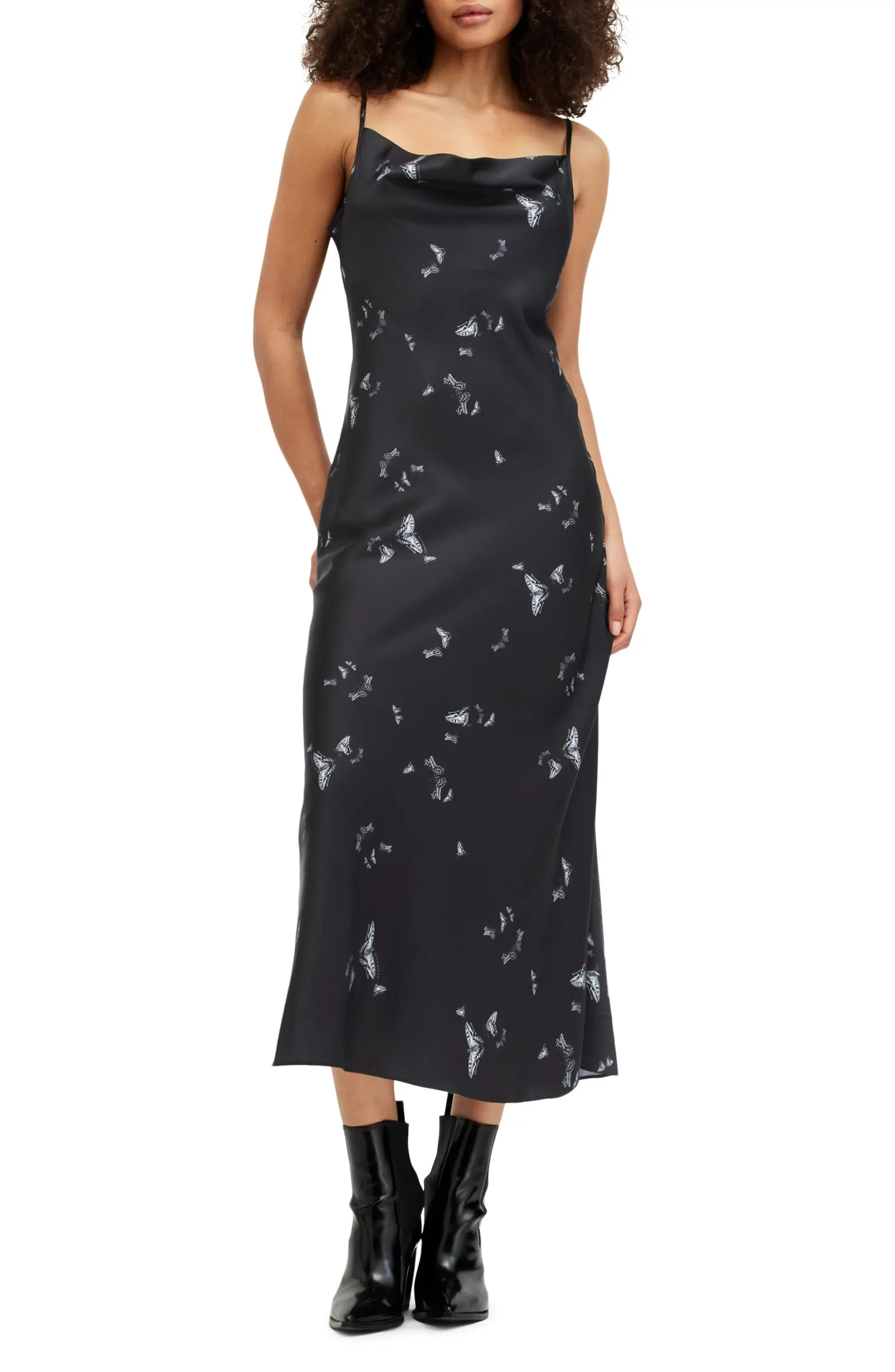 AllSaints Hadley Butterfly Print Cowl Neck Satin Slipdress | Nordstrom | Nordstrom