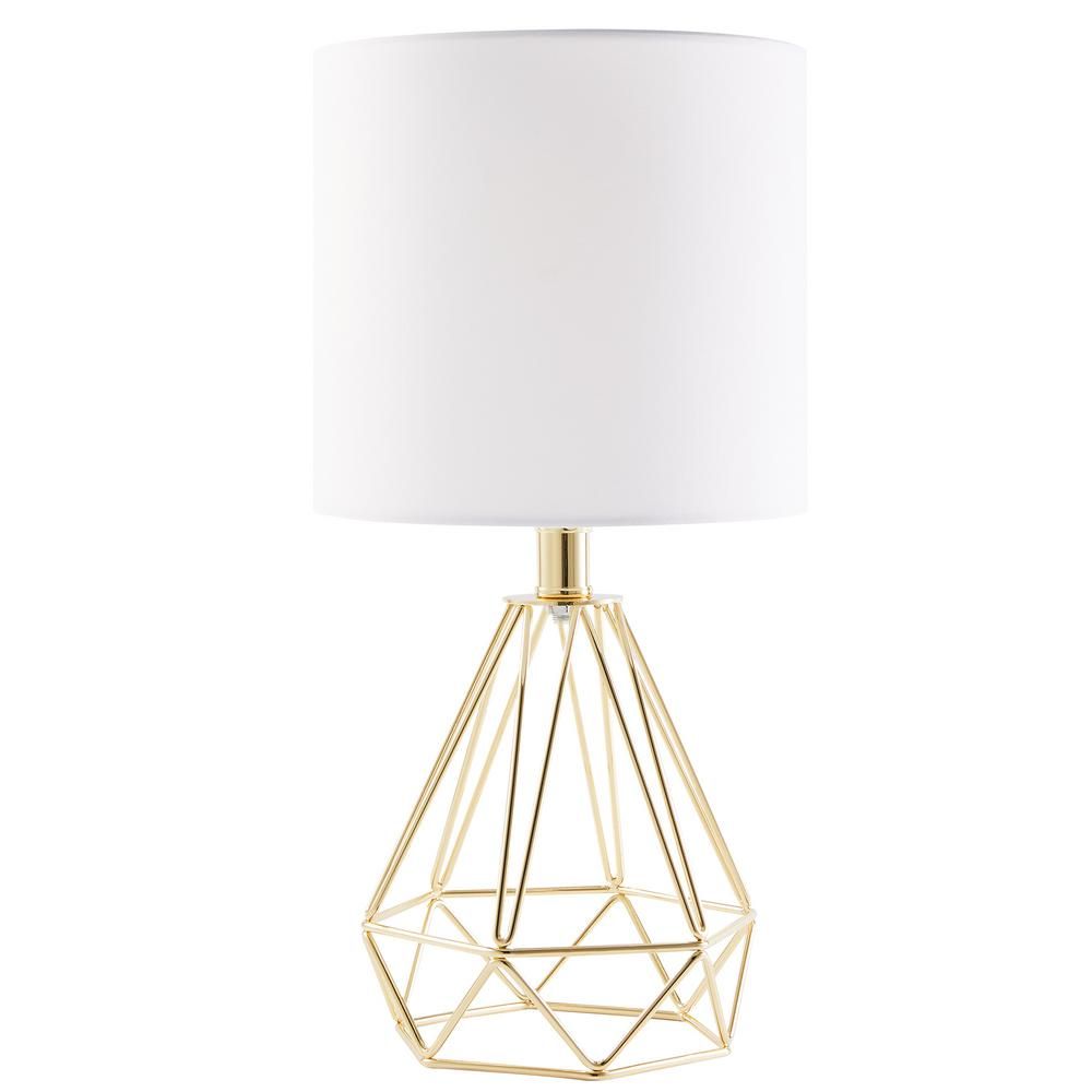 Merra 15 in. Gold Table Lamp with Drum Shade and Open Cage Metal Base | The Home Depot