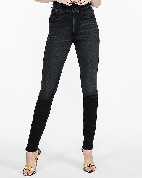 high waisted denim perfect curves raw hem jean leggings | Express