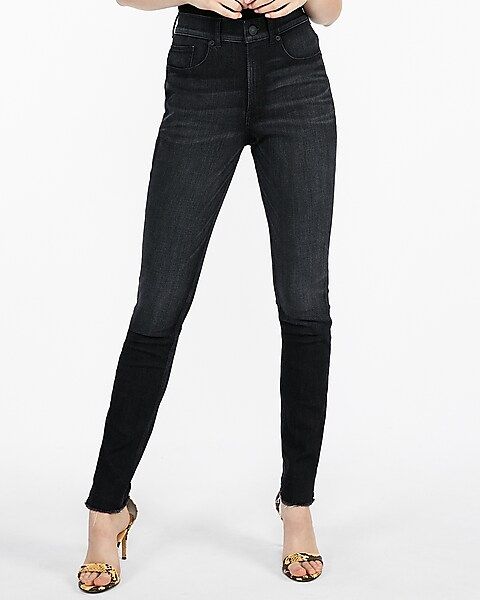 high waisted denim perfect curves raw hem jean leggings | Express
