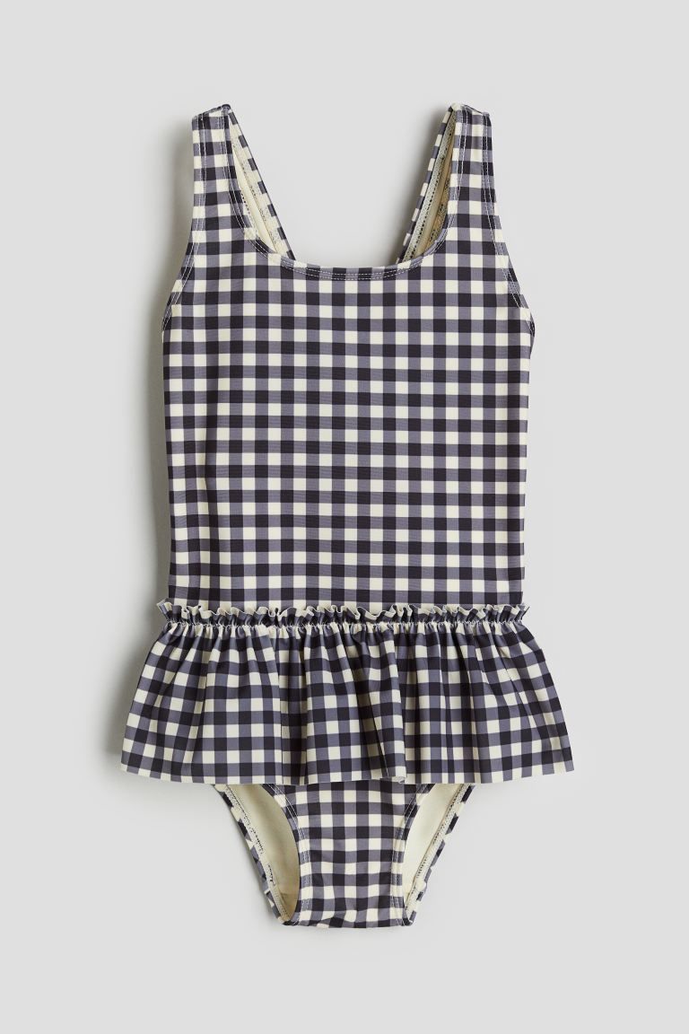 Flounce-trimmed Swimsuit - Dark gray/checked - Kids | H&M US | H&M (US + CA)