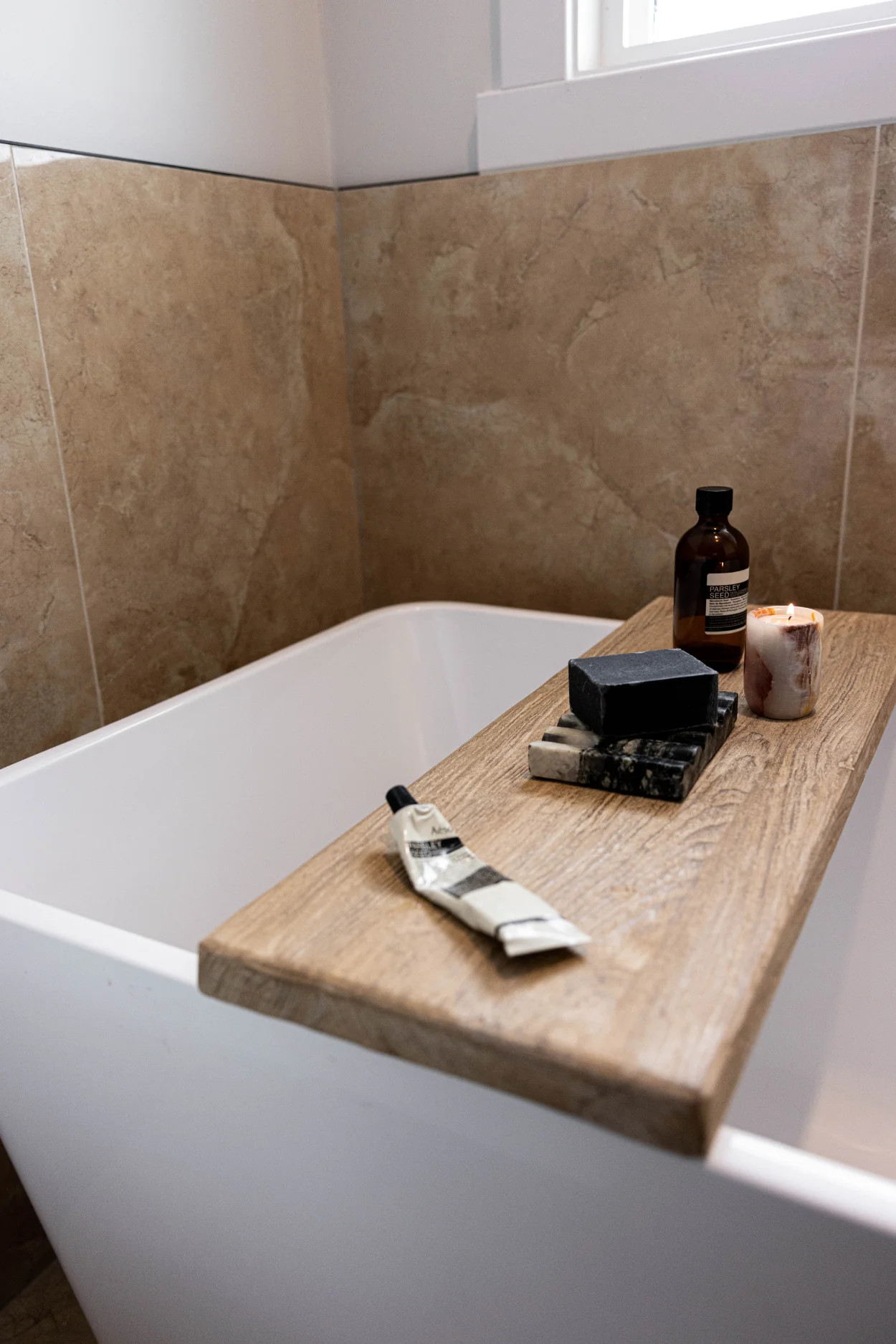 Reclaimed Elm Wood Bathtub Tray | Luxe B Co