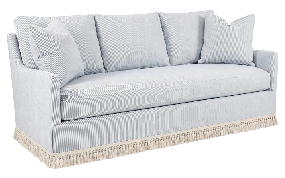 Lucinda Sea Breeze Sunbrella Stripe Sofa With Fringe - 86\u201d | Kathy Kuo Home