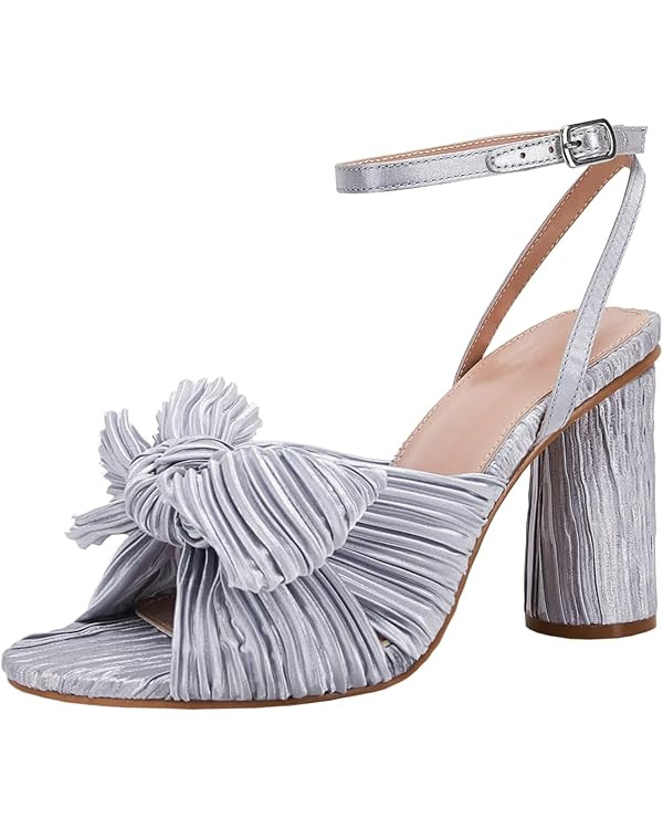 VETASTE Women's Bow Knot Heeled Sandals Bridal Wedding Open Toe Ankle Strap Chunky Heels | Amazon (US)