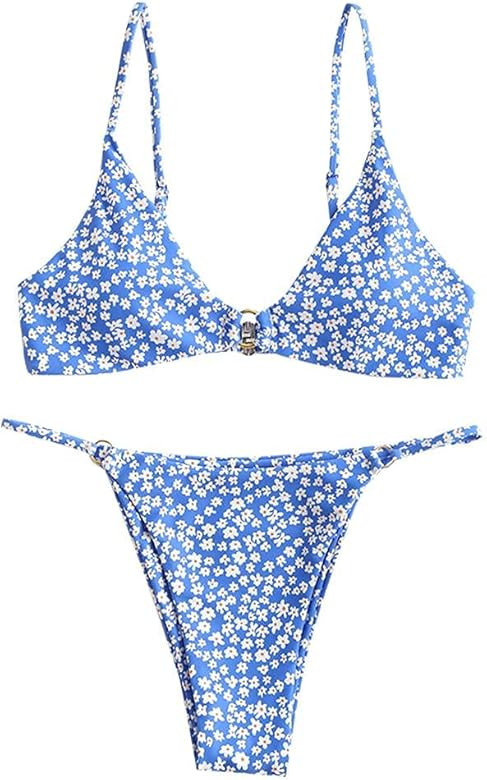 ZAFUL Women's O Ring Tankini Ribbed Colorblock Bikini Set Swimwear Sexy Brazilian Thong Swimsuits | Amazon (US)