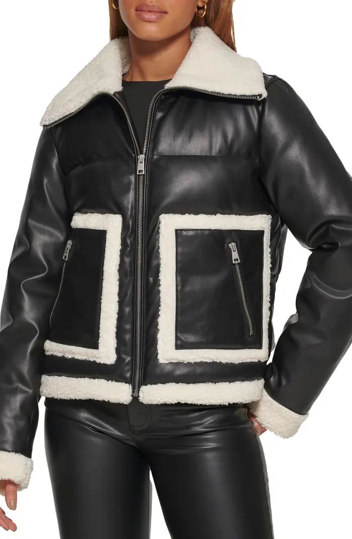 Faux Leather Puffer Jacket with Faux Shearling Trim | Nordstrom Rack