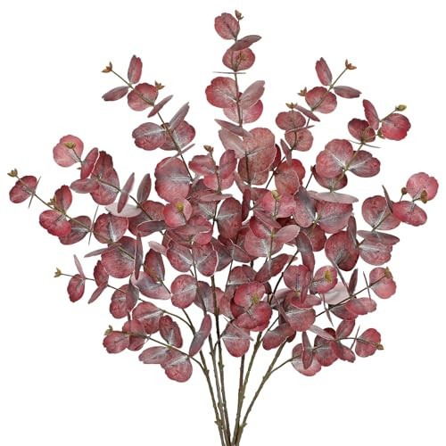 33.8" Tall Fall Faux Stems Fall Leaf Branches 6Pcs, Fake Eucalyptus Stems Silver Dollar Leaves, Real Touch Fake Greenery Stem for Autumn Decor, Table Centerpiece, Bouquet, Vase Filler, Red | Amazon (US)