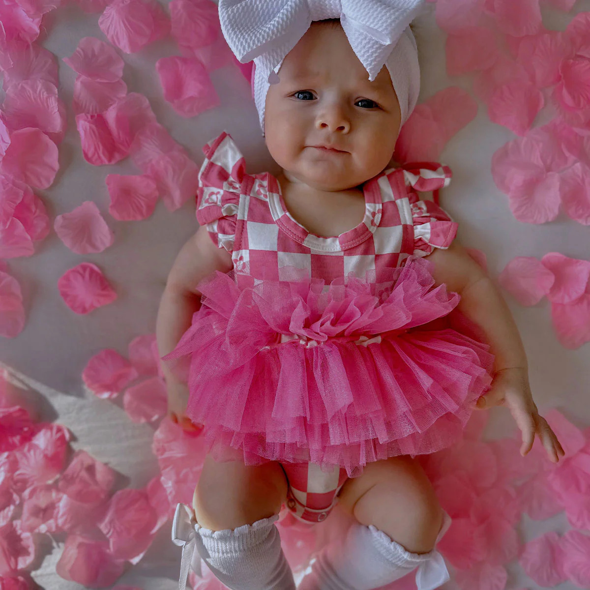 Ruffle Sleeve Tutu Bodysuit, Pink Flower Checkerboard | SpearmintLOVE